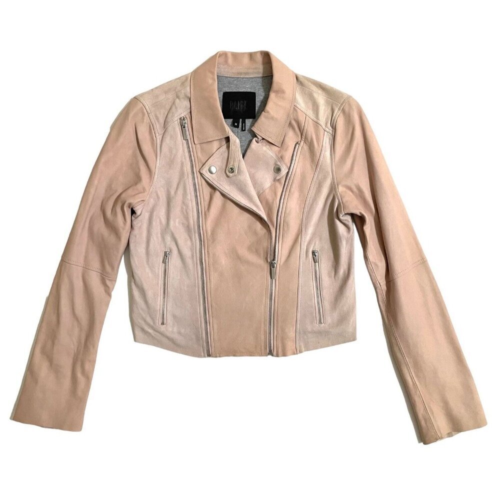 Paige Silvie Leather Moto Jacket Cropped Trim Pink Suede Leather Sz M - Picture 3 of 16